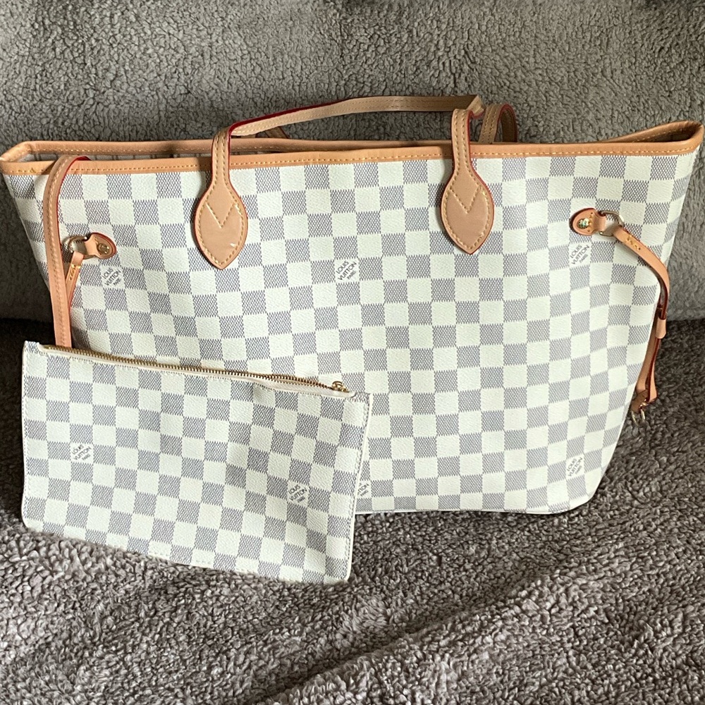 Designer Inspired Checkered Tote Bag with Pouch